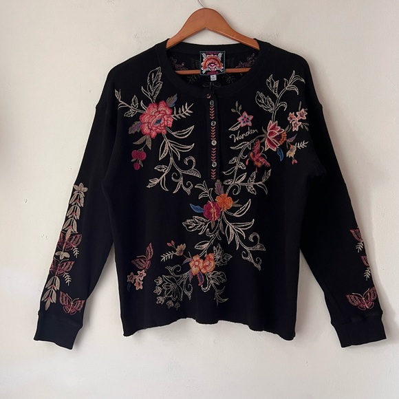 Johnny Was Tops - Johnny Was Taline M Floral Heavily Embroidered Thermal Black Cotton Henley Top